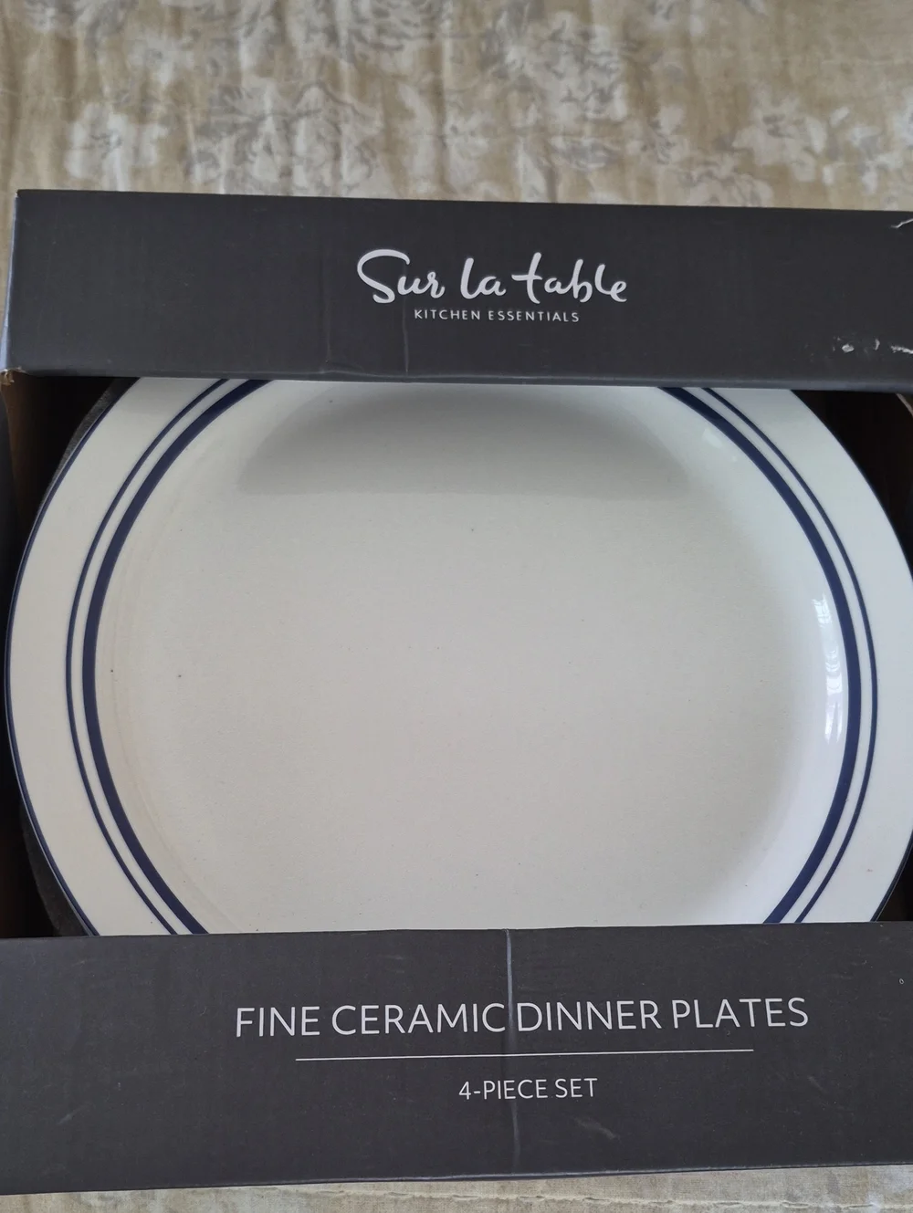 Sur La Table White Ceramic Dinner Plate with Navy Stripes - 4-Piece Set